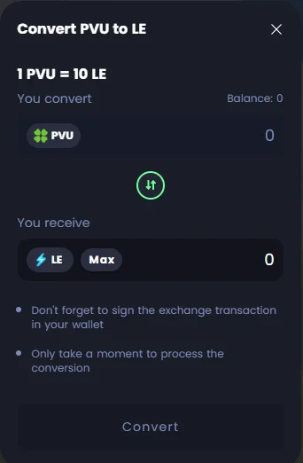 PVU, LE 토큰 교환 화면