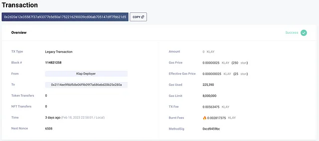 마지막 오동작 발생 트랜잭션, 출처: Klaytnscope