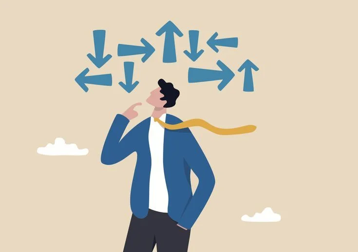 Illustration of a man thinking with multiple arrows pointing in different directions above his head, symbolizing confusion 