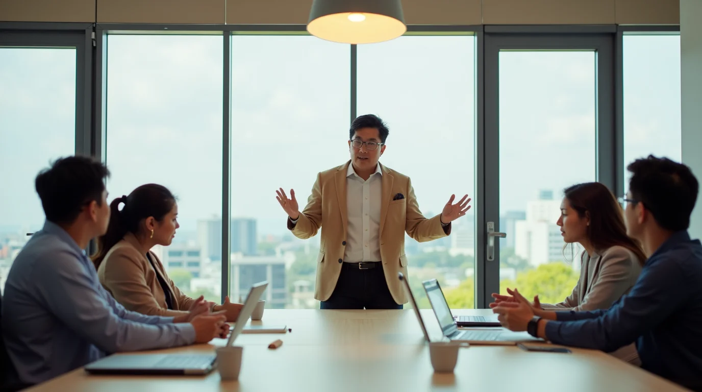 리더가 사람들 앞에서 미션을 설파하는 모습