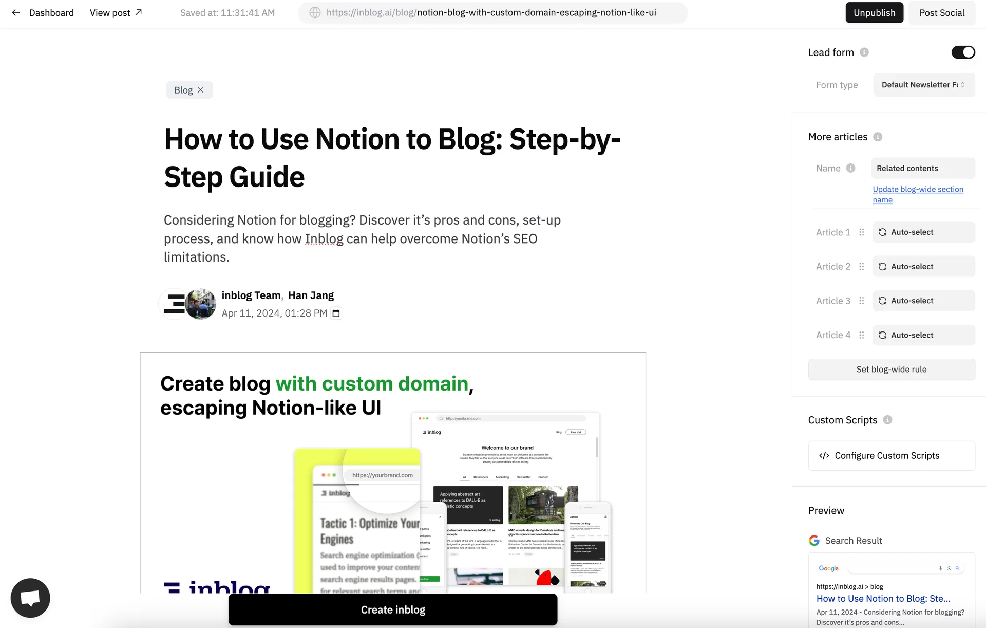Inblog's notion to blog feature