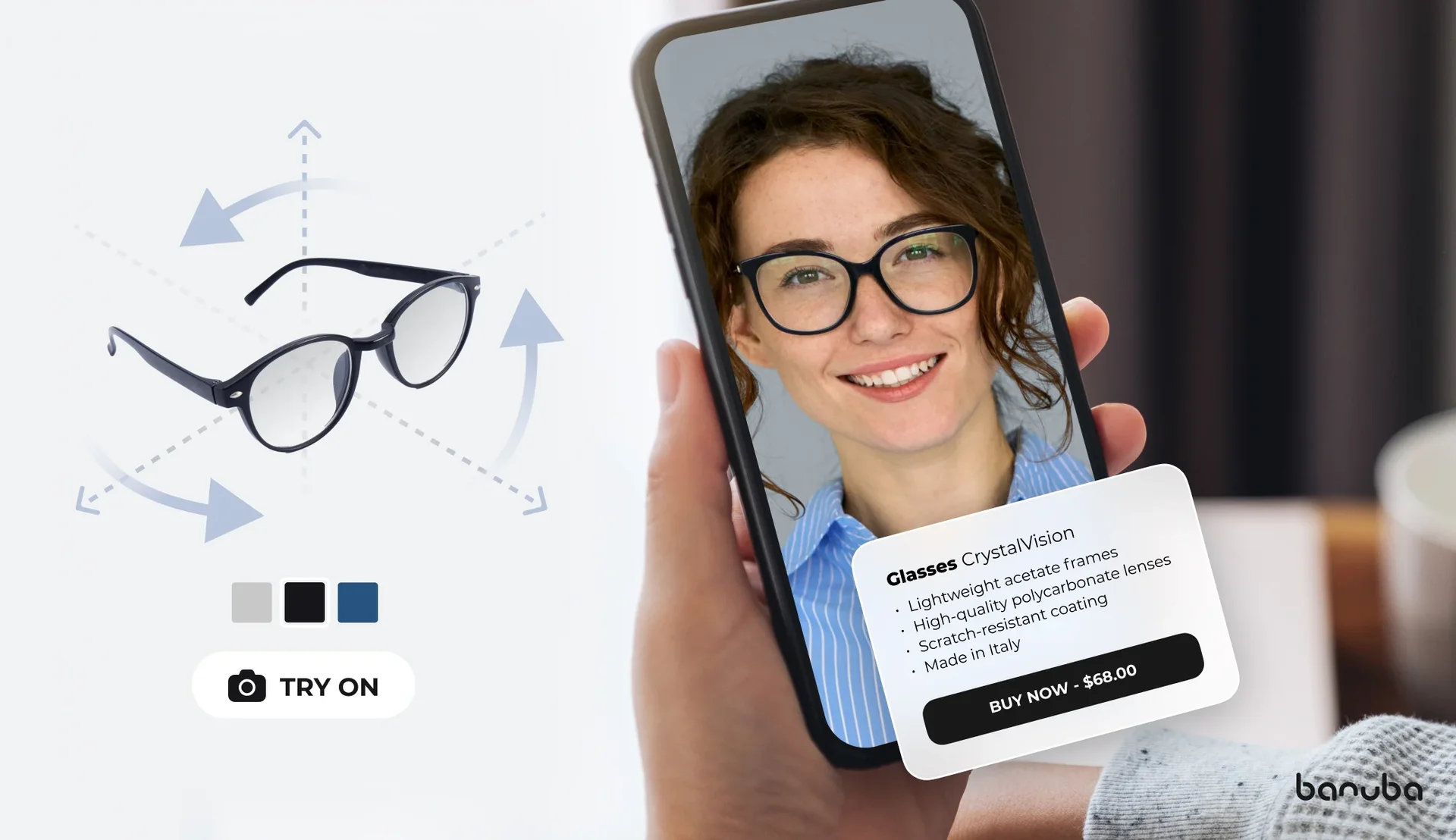 A model virtually trying on Warby Parker using a mobile app with AR overlay.