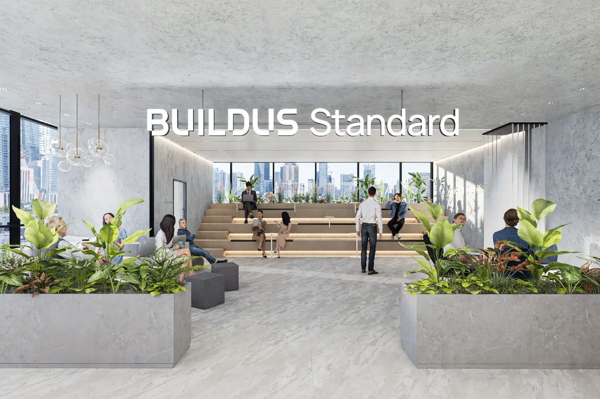 BUILDUS Standard의 현대적인 리셉션 라운지 공간으로, 대리석 바닥과 벽면이 고급스러운 분위기를 연출합니다. 중앙에는 계단식 벤치 좌석이 설치되어 있고, 공간 양쪽으로는 풍성한 식물 화분이 배치되어 자연친화적인 느낌을 줍니다. 천장에는 유리 구슬 모양의 펜던트 조명이 설치되어 있으며, 뒤쪽 통유리 창을 통해 도시 스카이라인이 보입니다. 상단에는 "BUILDUS Standard"라는 백라이트 로고 사인이 눈에 띄며, 다양한 사람들이 이 공간에서 소통하고 휴식하는 모습을 담고 있는 현대적인 사옥 인테리어 디자인입니다.