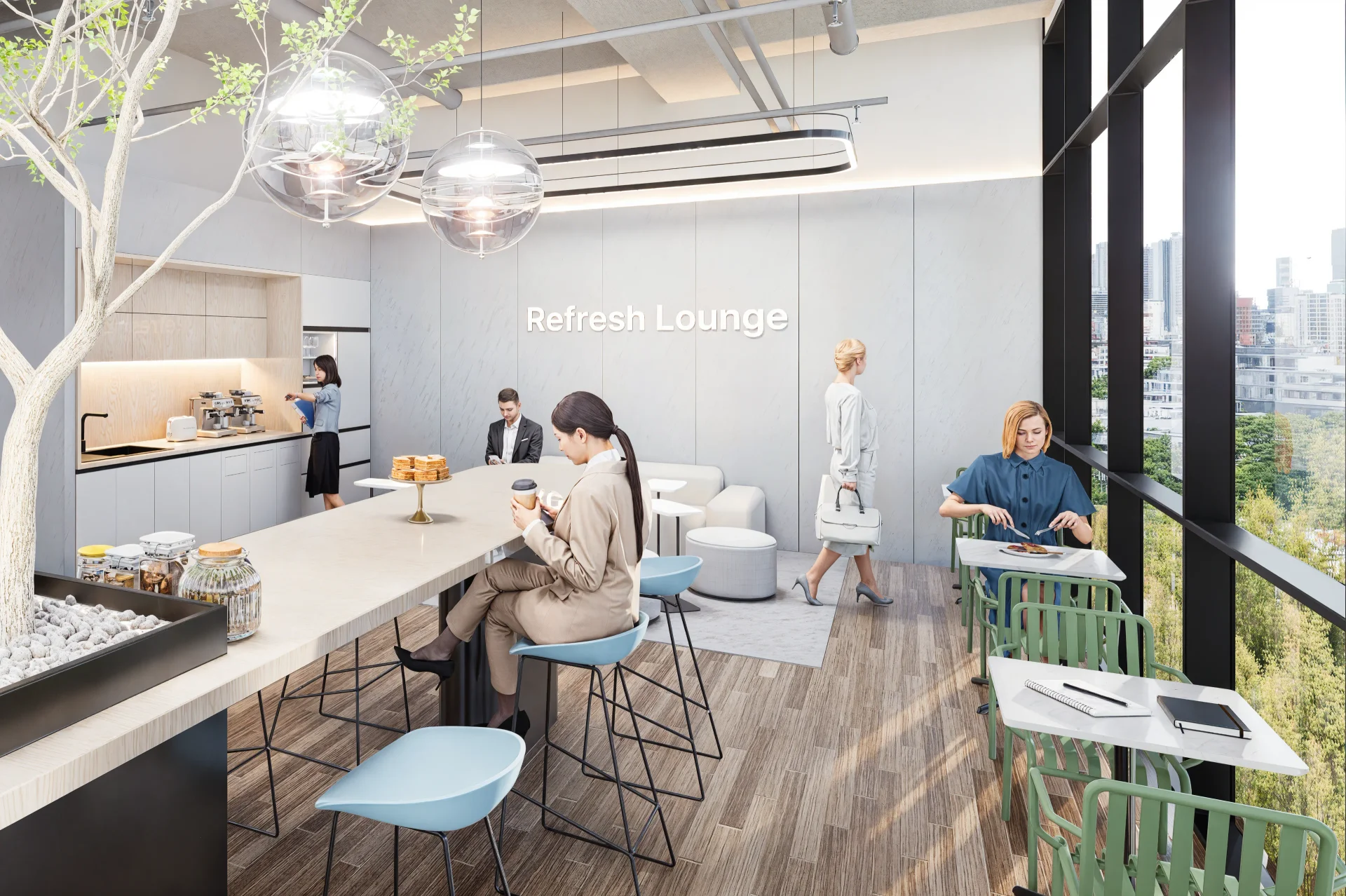 현대적인 디자인의 "Refresh Lounge" 공간으로, 휴식과 소통을 위한 오피스 인테리어를 보여줍니다. 중앙에는 긴 바 테이블과 블루 컬러의 하이체어가 배치되어 있고, 오른쪽에는 초록색 의자와 작업 테이블이 있습니다. 왼쪽 벽면에는 커피 머신과 다과를 준비할 수 있는 주방 공간이 마련되어 있으며, 중앙 뒤쪽으로는 편안한 소파와 휴식 공간이 보입니다. 벽면에는 "Refresh Lounge"라는 글자가 표시되어 있고, 창밖으로 도시 전경이 보이며, 다양한 직원들이 휴식을 취하거나 간단한 미팅을 하는 모습이 담겨 있습니다.