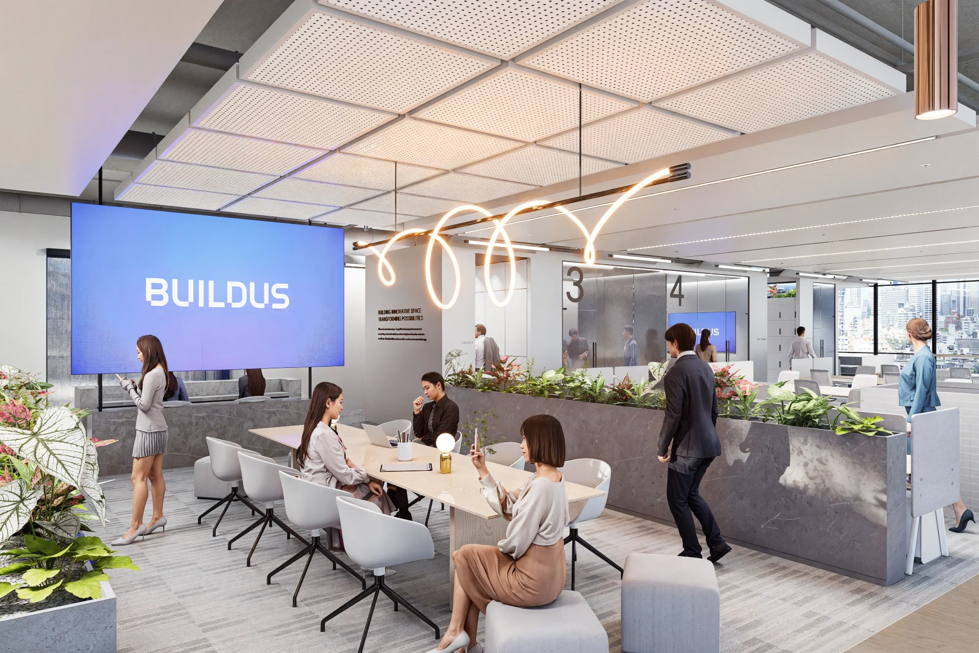 BUILDUS 로고가 돋보이는 현대적인 오픈 오피스 공간입니다. 대형 디스플레이에 BUILDUS 로고가 표시되어 있고, 흰색과 회색 컬러 팔레트의 세련된 인테리어가 특징입니다. 천장에는 독특한 모양의 LED 조명이 설치되어 있으며, 공간 내에는 여러 명의 직원들이 테이블에 모여 회의하거나 개별 작업을 하는 모습이 보입니다. 식물 화분이 배치되어 자연적인 느낌을 더하고, 백그라운드로 도시 전경이 보이는 창문이 있어 개방감을 제공하는 현대적인 사무실 인테리어입니다.