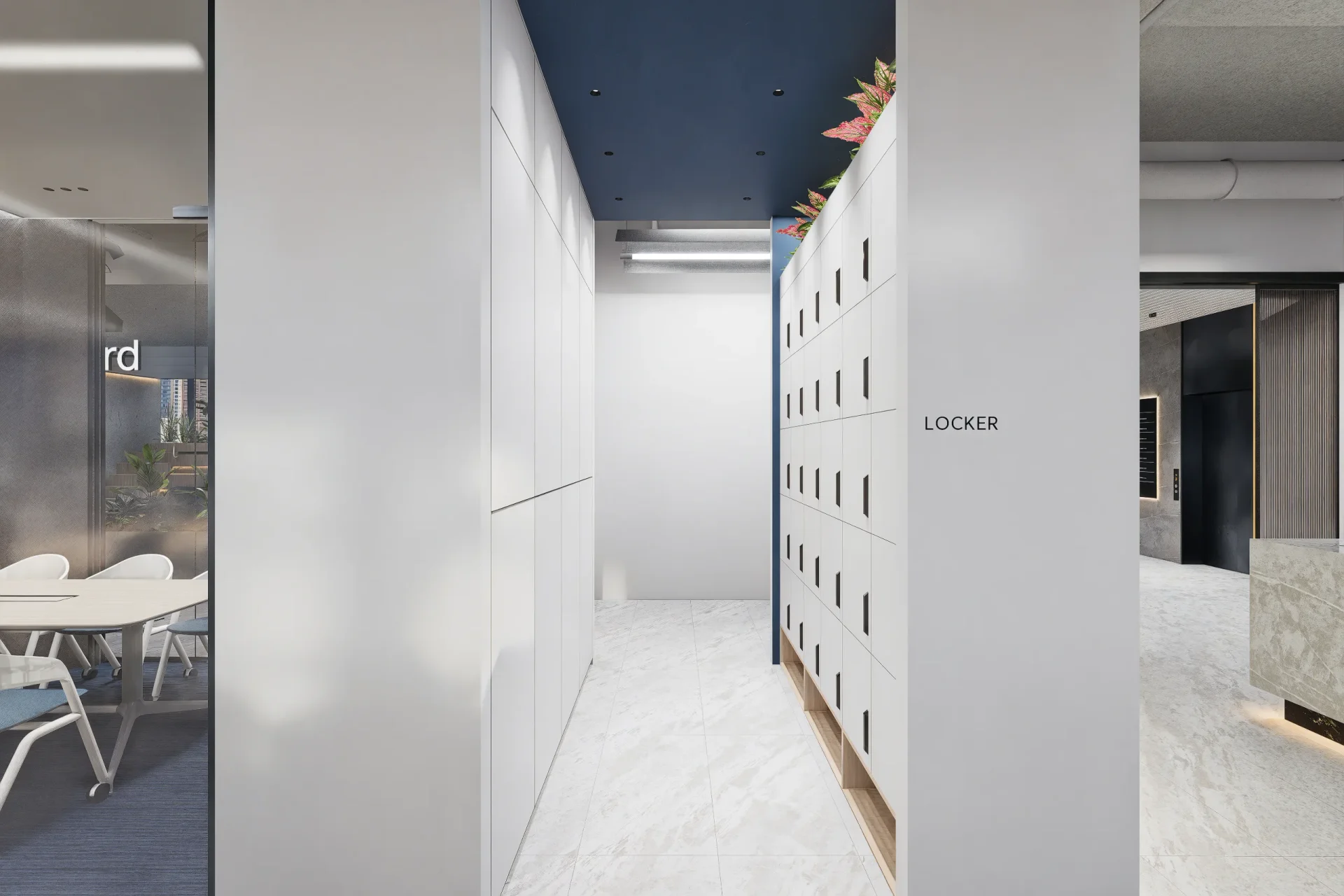 현대적인 사무실 인테리어의 라커룸 공간으로, 흰색 벽면에 깔끔하게 정리된 개인 사물함이 설치되어 있습니다. 천장의 일부는 네이비 블루 컬러로 포인트를 주었고, 상단에는 화분이 배치되어 있습니다. 바닥은 화이트 대리석 타일로 마감되었으며, 왼쪽으로는 회의실이, 오른쪽으로는 복도가 연결되어 있습니다. "LOCKER"라는 사인이 벽면에 표시되어 있어 자율좌석제를 지원하는 현대 오피스의 필수 시설임을 보여줍니다.