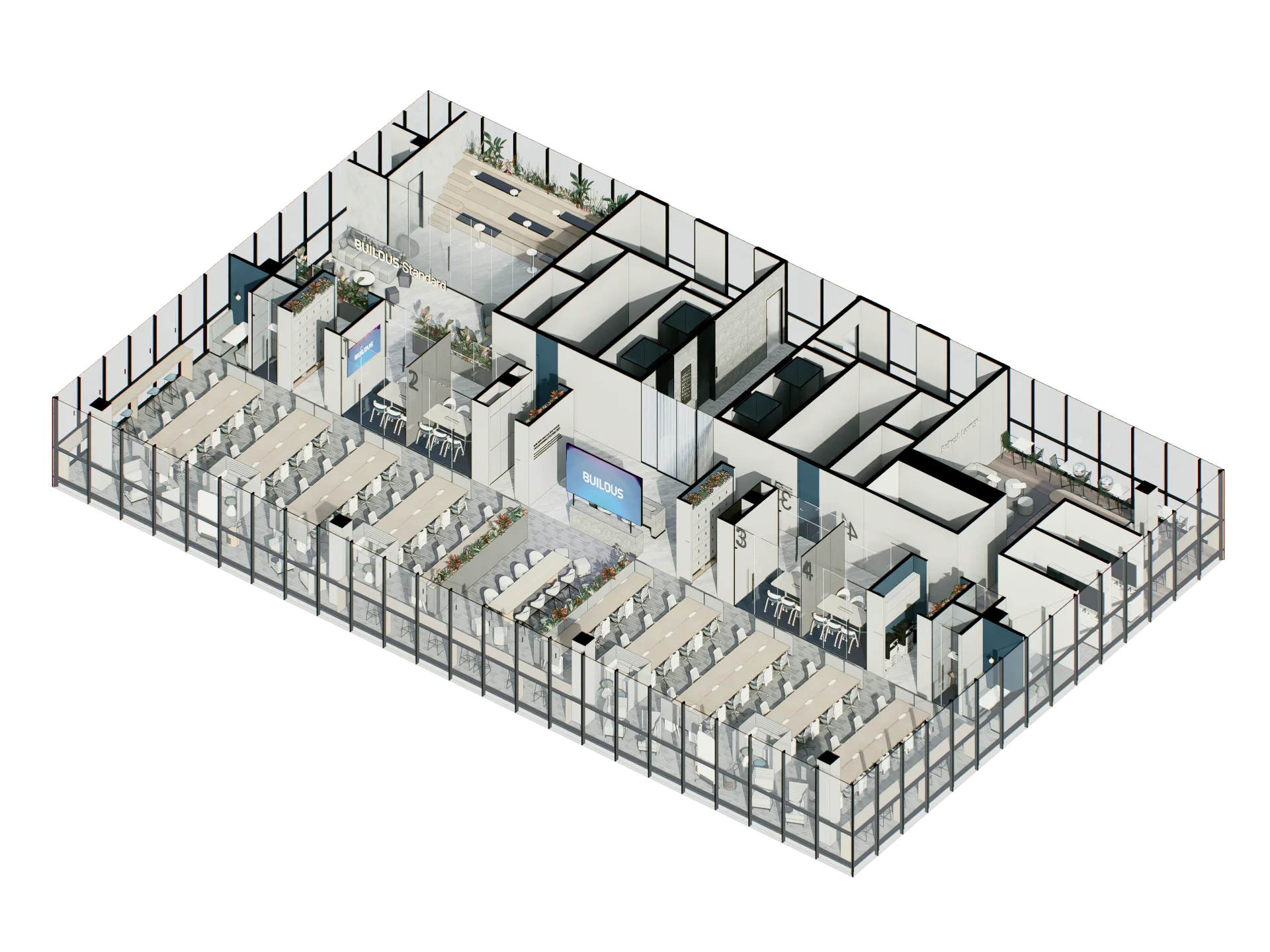 BUILDUS 오피스의 전체 레이아웃을 보여주는 아이소메트릭 평면도입니다. 개방형 업무 공간, 회의실, 폰부스, 프린트 스테이션 등 다양한 기능 영역이 어떻게 통합되어 있는지 명확하게 보여줍니다. 전면 유리창을 통해 자연광이 들어오는 이 디자인은 효율적인 동선과 공간 활용을 중시하는 BUILDUS의 사무실 설계 철학을 잘 보여줍니다.