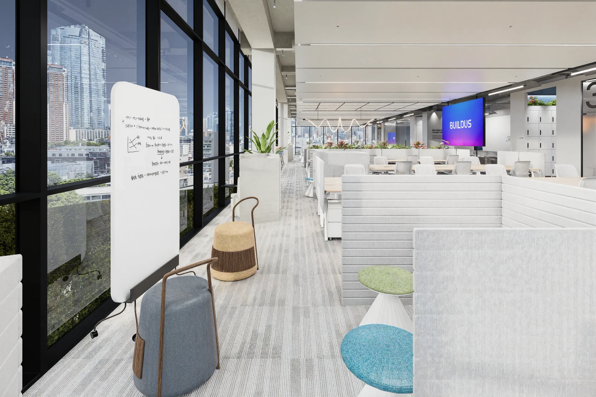 창의적인 협업을 위한 개방형 업무 공간으로, 화이트보드와 편안한 좌석 옵션을 갖추고 있습니다. 큰 창문을 통해 자연광이 들어오며, "BUILDUS" 브랜드가 표시된 디스플레이 화면이 눈에 띕니다. 흰색 칸막이와 다양한 좌석 배치는 팀워크와 개인 집중력을 모두 지원하는 유연한 업무 환경을 만들어줍니다.
