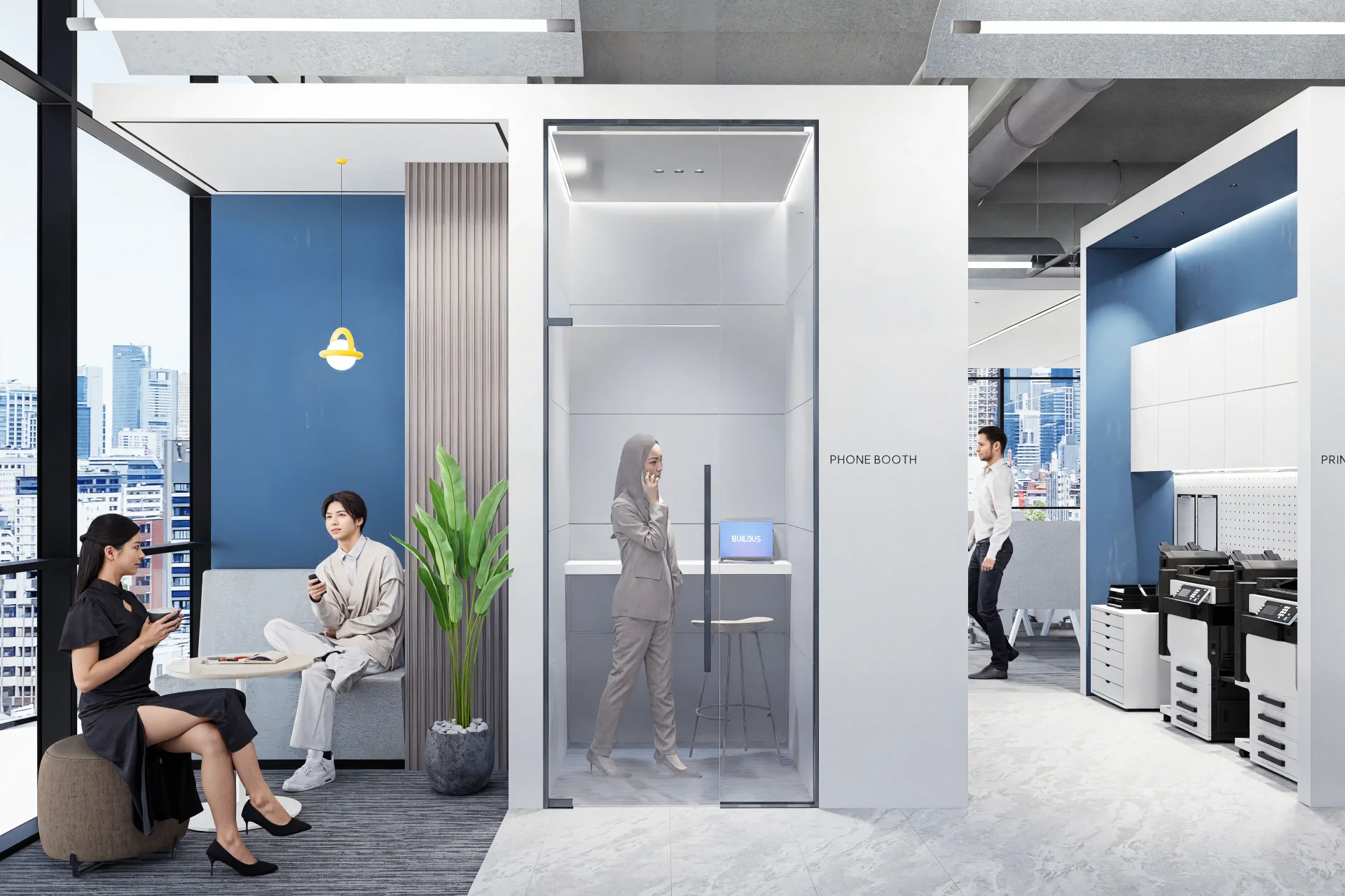 현대적인 BUILDUS 오피스 디자인의 핵심 기능을 보여주는 세련된 공간입니다. 푸른색 악센트 벽이 있는 라운지 구역에서는 직원들이 대화를 나누고 있으며, 중앙에는 "BUILDUS"라고 표시된 전용 폰부스가 위치해 있습니다. 창문을 통해 도시 전경이 보이는 이 공간은 협업과 개인 업무의 균형을 맞춘 현대적인 오피스 환경을 완벽하게 보여줍니다.