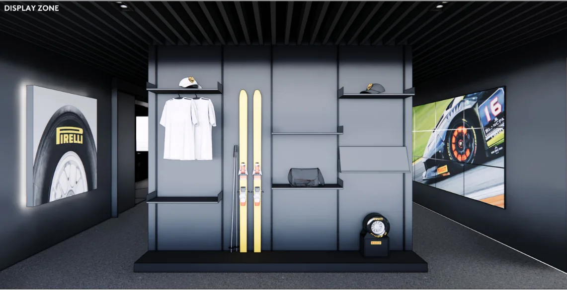 피렐리 사무실 인테리어 브랜드 굿즈 전시대