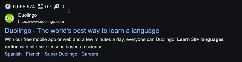 screenshot showing meta description of Duolingo (google SERP)