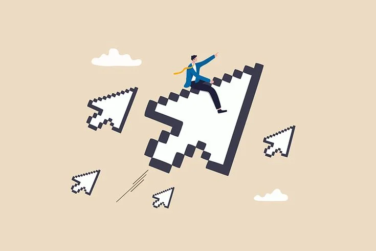 Illustration of man riding a giant computer cursor, surrounded by other cursors, symbolizing high click-through rate (CTR), online visibility, or digital success
