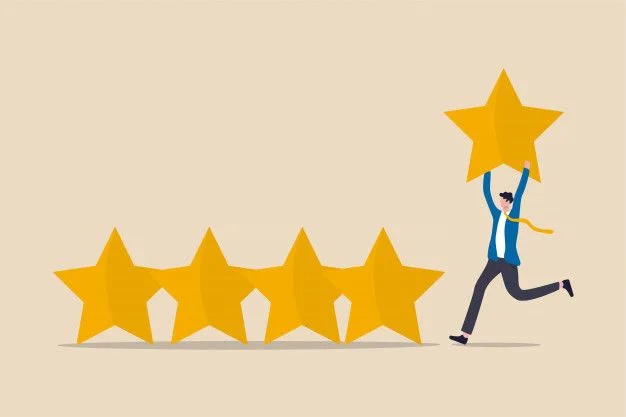 Illustration of man adding a fifth star to a row of four, symbolizing excellent customer feedback, five-star rating, or top performance