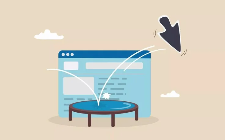 Illustration of a website with a trampoline and a bouncing arrow, symbolizing a high bounce rate where visitors leave the site quickly after arriving