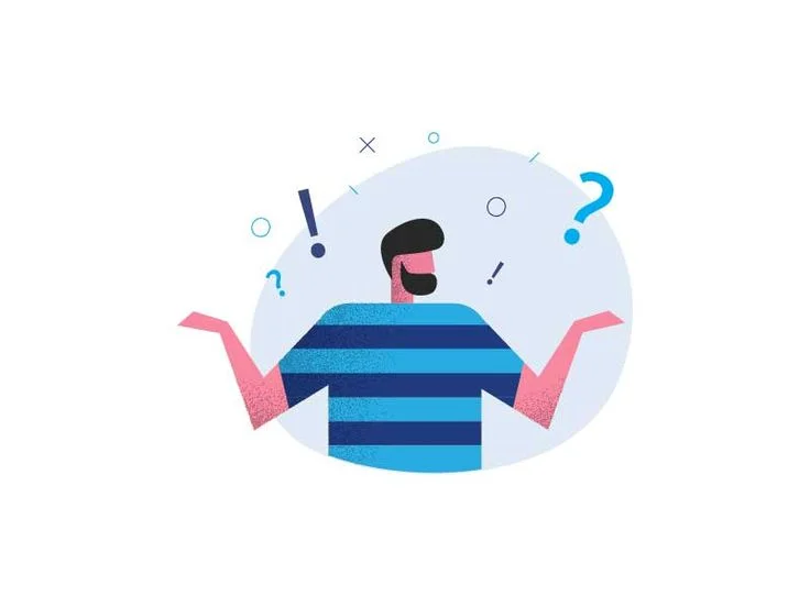 Illustration of a confused person shrugging with question marks and exclamation points around them, symbolizing uncertainty
