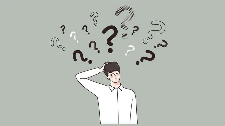 Illustration of a confused person scratching their head with question marks floating around, symbolizing doubt, decision-making, or seeking clarity