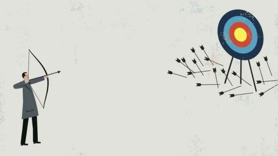 Illustration of a person shooting arrows at a target but missing repeatedly, symbolizing failed attempts, poor targeting, or the trial-and-error process in strategy or execution