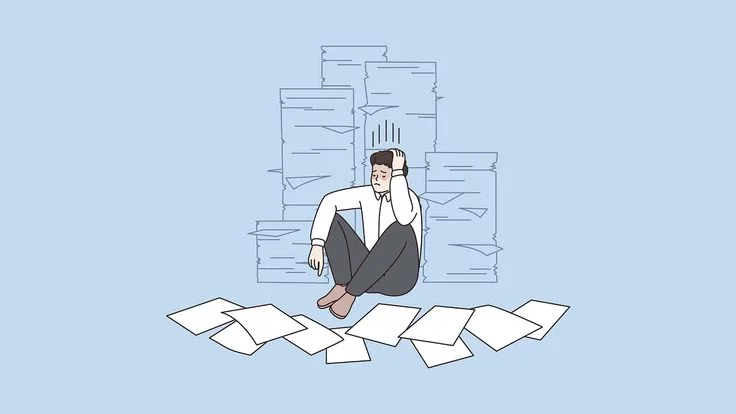 Illustration of a stressed person sitting on the floor surrounded by towering stacks of paper, symbolizing work overload, burnout, making many mistakes