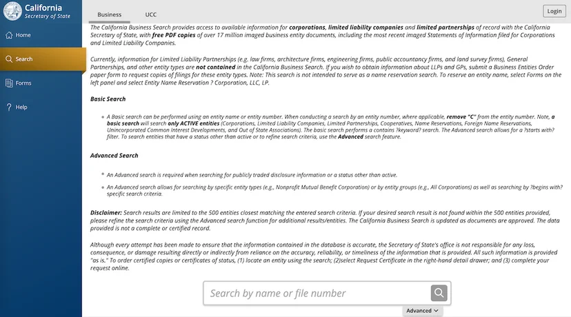 If you prefer to DIY state compliance, you can use sites like California's Business Entity Search