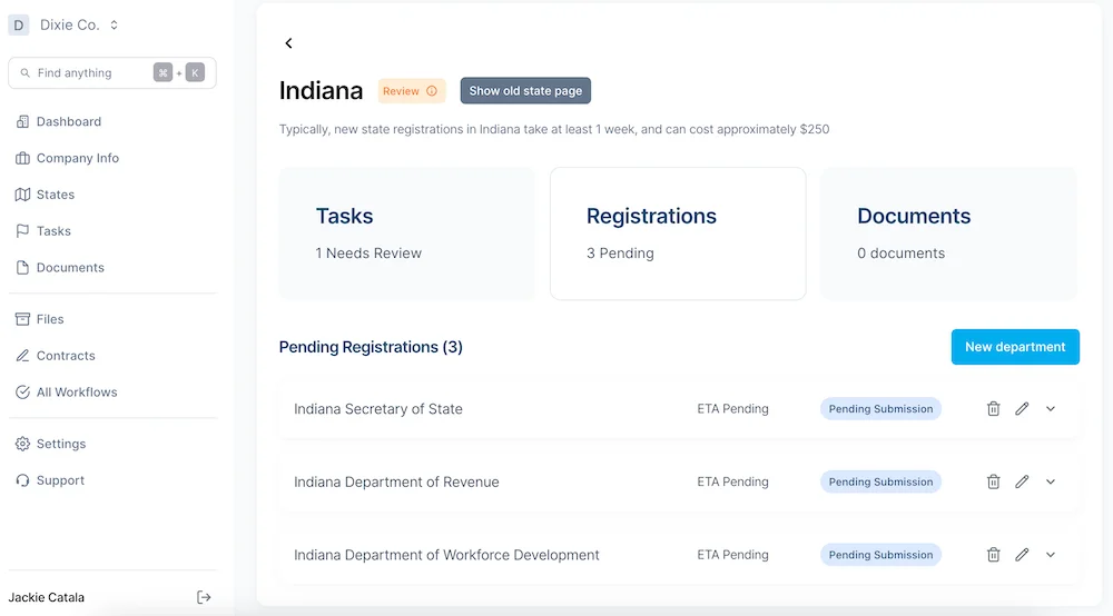 A screenshot of the AbstractOps UI, proactively alerting the user of this state's Secretary of State requirement.