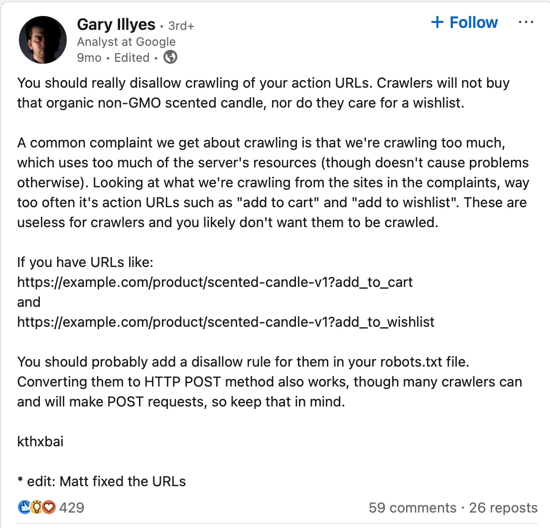Tweet from Gary Illyes about blocking non-SEO pages from indexing
