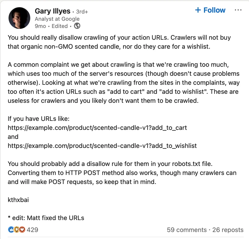 Tweet from Gary Illyes about blocking non-SEO pages from indexing