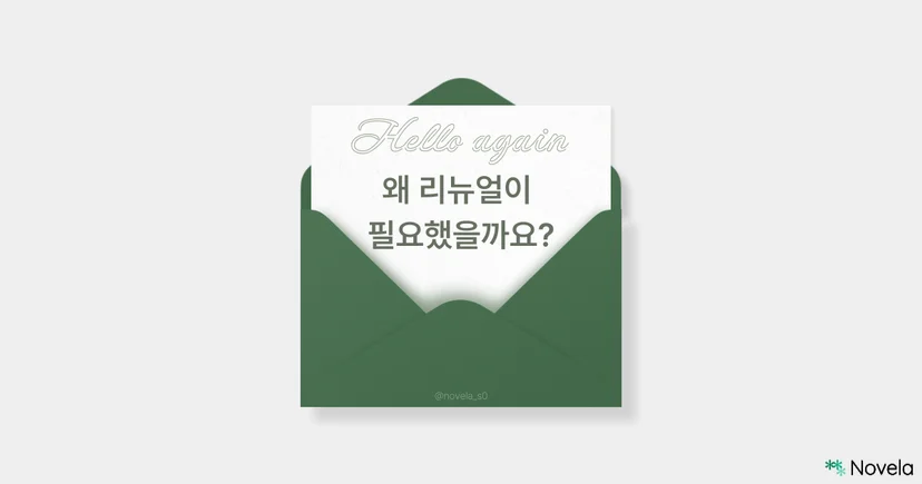 흰 배경 위에 초록색 편지 봉투가 반쯤 열려 있고, 그 안에는 편지 한 장이 삽입되어 있다. 편지에는 연한 초록색 필기체로 “Hello again”이라고 쓰여 있으며, 그 아래에는 진한 초록색 고딕체로 “왜 리뉴얼이 필요했을까요?“라는 문구가 적혀 있다. 봉투 아래쪽에는 작은 글씨로 @novela_s0가 적혀 있다. 오른쪽 하단에는 Novela 로고가 표시되어 있다.