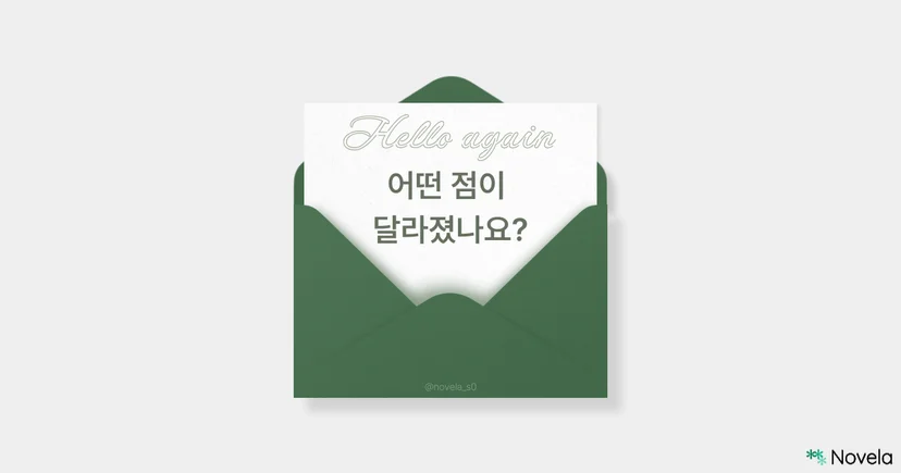 흰 배경 위에 초록색 편지 봉투가 반쯤 열려 있고, 그 안에는 편지 한 장이 들어 있다. 편지에는 연한 초록색 필기체로 “Hello again”이라고 쓰여 있으며, 그 아래에는 진한 초록색 고딕체로 “어떤 점이 달라졌나요?“라는 문구가 적혀 있다. 봉투 하단에는 작은 글씨로 @novela_s0가 표시되어 있다. 오른쪽 하단에는 Novela 로고가 표시되어 있다.