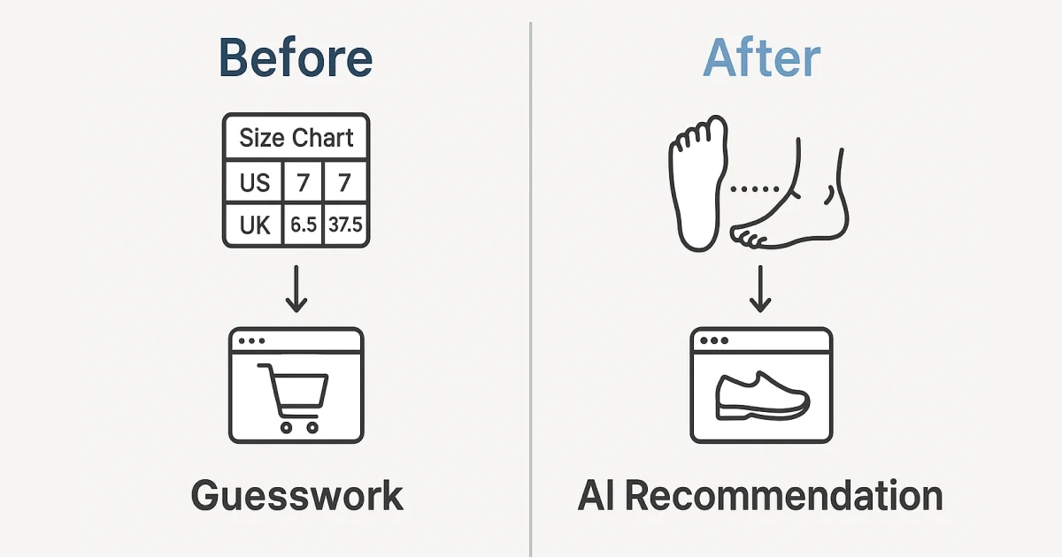 Side-by-side infographic comparing manual shoe size guessing versus AI-driven fit precision