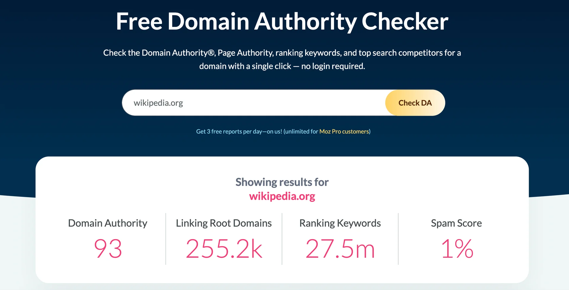 screenshot of free domain authority checker of Moz 