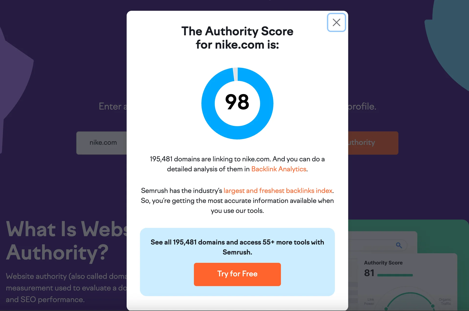 screenshot of semrush authority score with example of nike.com