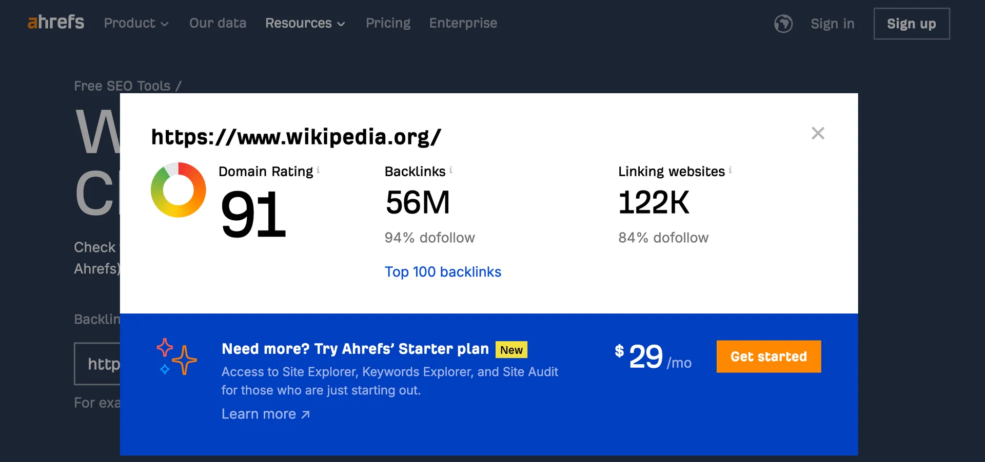 Screenshot of arhrefs domain rating with example of wikipedia.org