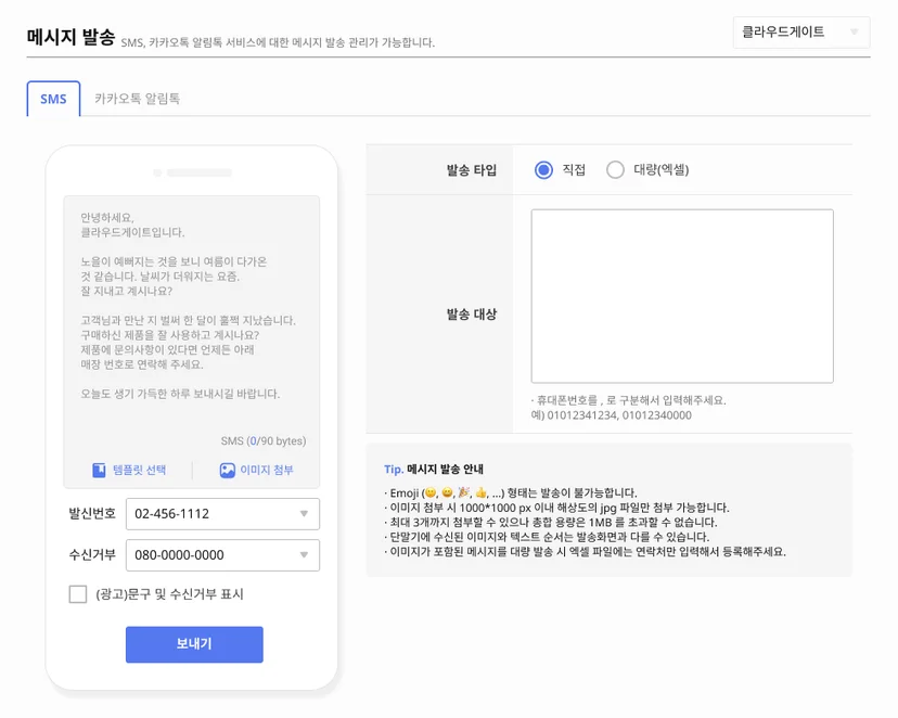 메시지 발송, 알림톡, SMS