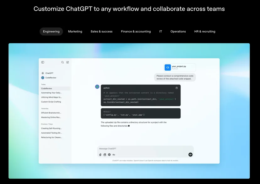 ChatGPT 기업용 소개 (Enterprise), 출처 : OpenAI 공식 홈페이지