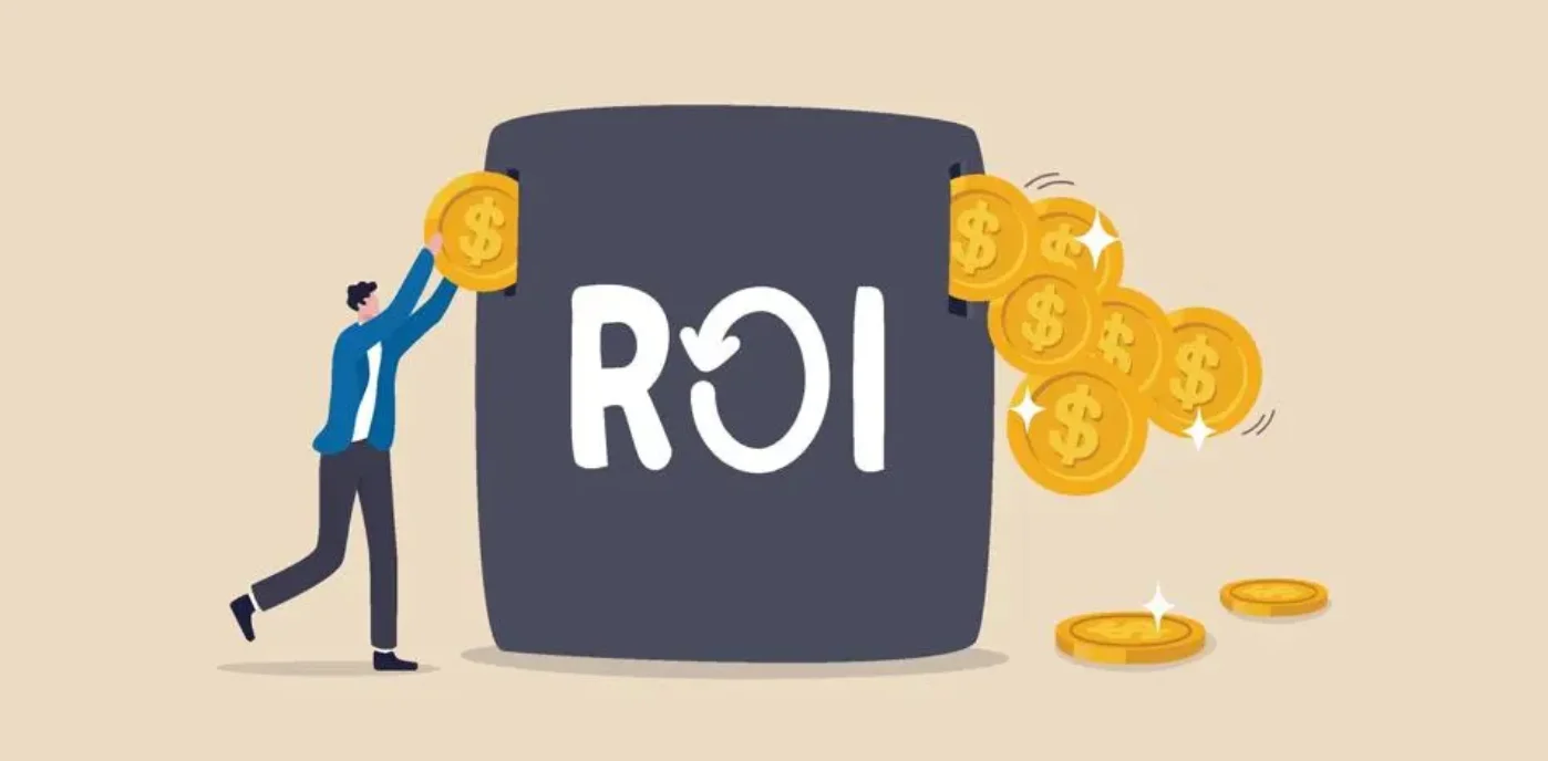 Man putting coins into a large ROI machine with more coins coming out the other side 