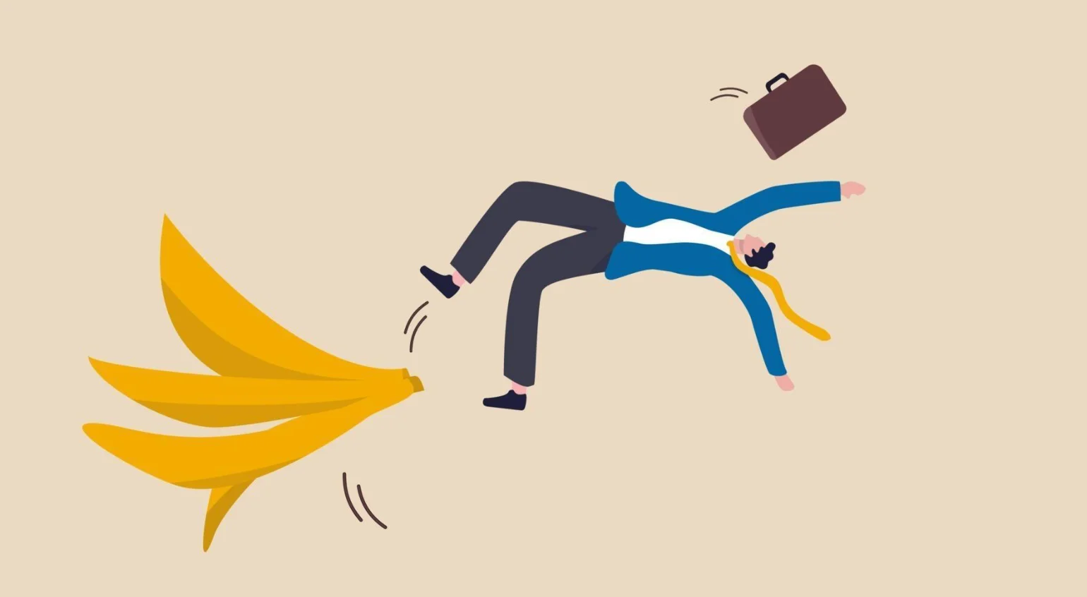 Man slipping on a banana peel and falling