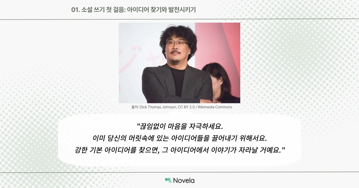  「01. 소설 쓰기 첫 걸음: 아이디어 찾기와 발전시키기」의 두 번째 이미지. 화면 상단에는 봉준호 감독의 사진이 중앙에 배치되어 있고, 아래에는 인용문이 있다. 사진 아래에는 출처가 표시되어 있다: “출처: Dick Thomas Johnson, CC BY 2.0 / Wikimedia Commons”.  사진 아래에는 봉준호 감독의 창작 조언이 인용되어 있다:  “끊임없이 마음을 자극하세요. 이미 당신의 머릿속에 있는 아이디어들을 끌어내기 위해서요. 강한 기본 아이디어를 찾으면, 그 아이디어에서 이야기가 자라날 거예요.”  배경은 연한 초록색 도트 무늬이며, 하단 중앙에는 ‘Novela’ 로고가 들어 있다.