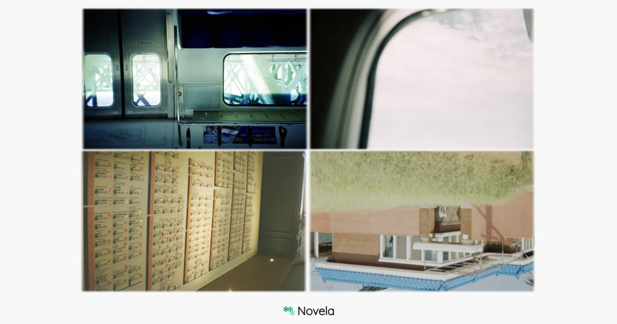 네 장의 사진이 2×2 구성으로 나란히 배열된 이미지. 각각의 사진은 이전 카드뉴스에 등장했던 이미지들의 상하반전된 버전이다. 왼쪽 위: 지하철 안 풍경. 오른쪽 위: 비행기 창밖의 하늘. 왼쪽 아래: 영화제 벽면에 붙은 수많은 상영표. 오른쪽 아래: 시골 마당과 파란 지붕의 집. 이미지 전체는 익숙했던 풍경을 낯선 시선으로 바라보게 만들며, 기존의 이미지를 거꾸로 배열함으로써 “발상의 전환”이라는 메시지를 시각적으로 드러낸다. 하단 중앙에는 Novela 로고가 있으며, 이 카드는 “다른 방식으로 보기”라는 주제의 글과 함께 실린다. 글에서는 무작위 단어 조합, 엉뚱한 질문, 예상치 못한 연결 등을 통해 평범한 생각을 새롭게 조합하는 창작의 실험을 제안한다.