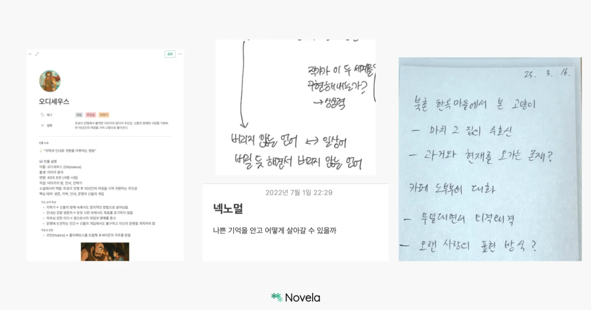 총 네 개의 이미지가 2×2 배열로 나란히 배치된 구성. 왼쪽 위: 리뉴얼된 노벨라의 캐릭터 기능 화면으로, ‘오디세우스’라는 인물의 성격, 세계관 속 위치, 갈등 구조 등이 구조화된 방식으로 기록되어 있다. 창작자가 아이디어를 발전시켜 입체적인 캐릭터로 확장할 수 있도록 설계된 인터페이스를 보여준다. 오른쪽 위: 흰 종이에 손글씨로 적힌 메모. “작가가 이 두 세계를 구현해내는가? 상상력”라는 질문과 함께, “버리지 않은 언어 ↔ 일상어, 버릴 듯 하면서 버리지 않은 언어”라는 문장이 적혀 있다. 왼쪽 아래: 스마트폰 메모장에 적힌 짧은 글. 상단에는 날짜 ‘2022년 7월 1일’이 표시되어 있고, 제목은 ‘넥노멀’. 하단에는 “나쁜 기억을 안고 어떻게 살아갈 수 있을까”라는 문장이 쓰여 있다. 이 메모는 뮤지컬 *넥스트 투 노멀(Next to Normal)*을 관람한 후 떠오른 감상을 아이폰 메모장에 기록한 것이다. 오른쪽 아래: 파란 포스트잇에 손글씨로 적힌 메모. “북촌 한옥마을에서 본 고양이”, “과거와 현재를 오가는 존재?”, “투덜대면서 티격태격”, “오래 사랑이 흔한 방식?” 등 일상 속 단상과 아이디어 조각들이 나열되어 있다. 하단 중앙에는 Novela 로고가 있으며, 이 카드는 “아이디어는 예고 없이 찾아오고, 기록하지 않으면 사라진다”는 메시지와 함께, 디지털과 아날로그를 넘나드는 다양한 기록 방법을 소개하는 글과 함께 실린다.