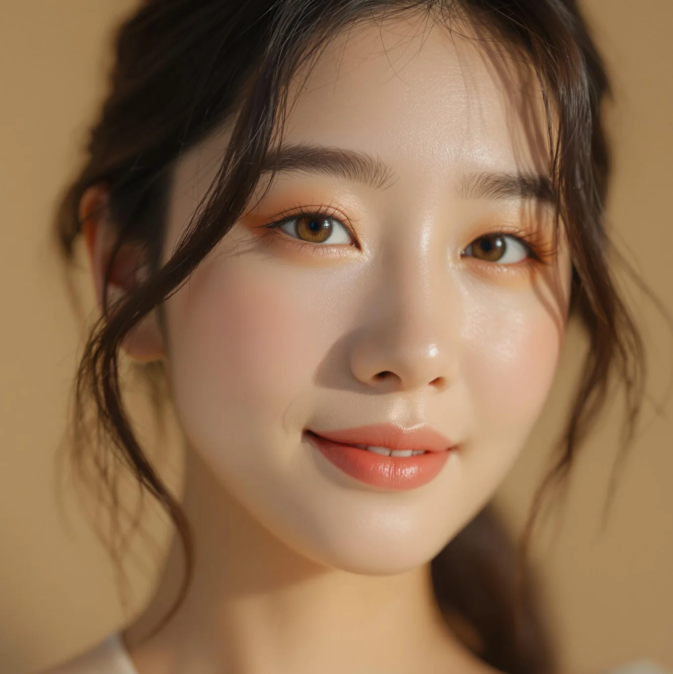 부드러운 메이크업과 깨끗한 피부를 가진 한국 여성의 클로즈업 썸네일 – 따뜻한 조명과 차분한 베이지 배경 속 정면을 바라보는 미소 띤 얼굴, 세련되고 시네마틱한 유튜브 인터뷰 스타일