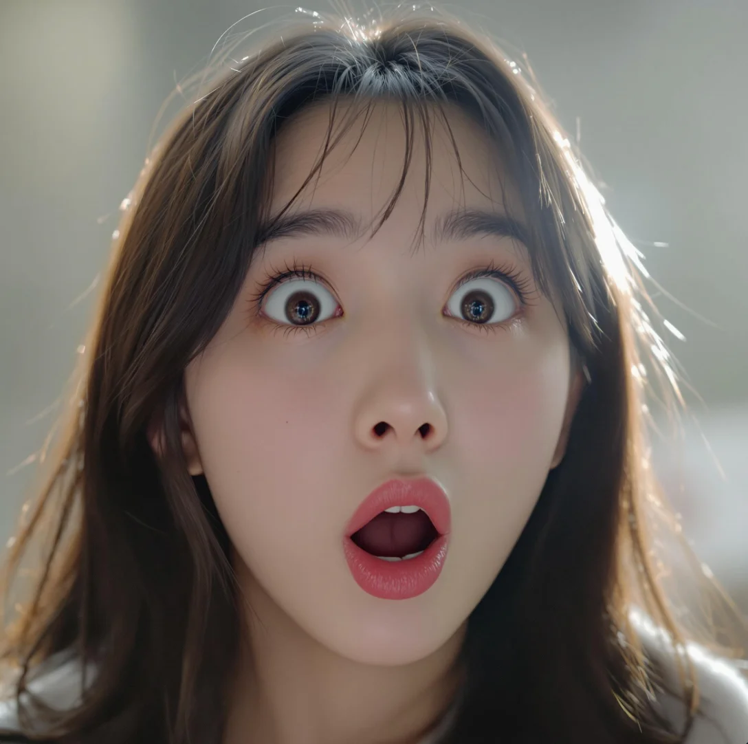 놀란 표정의 한국 여성을 클로즈업한 유튜브 썸네일 – 입을 살짝 벌리고 동그란 눈으로 감정을 표현하며, 흐릿한 배경과 강한 조명이 얼굴에 집중된 극적인 반응형 이미지