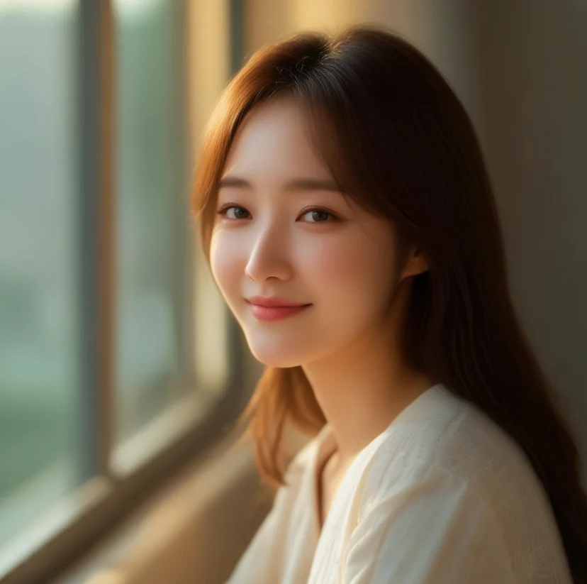 창가에 앉아 햇살을 받으며 웃고 있는 한국 여성의 유튜브 썸네일 – 부드러운 색감과 따뜻한 분위기, 피부에 닿는 자연광과 흐릿한 배경이 조화를 이루는 감성적인 장면