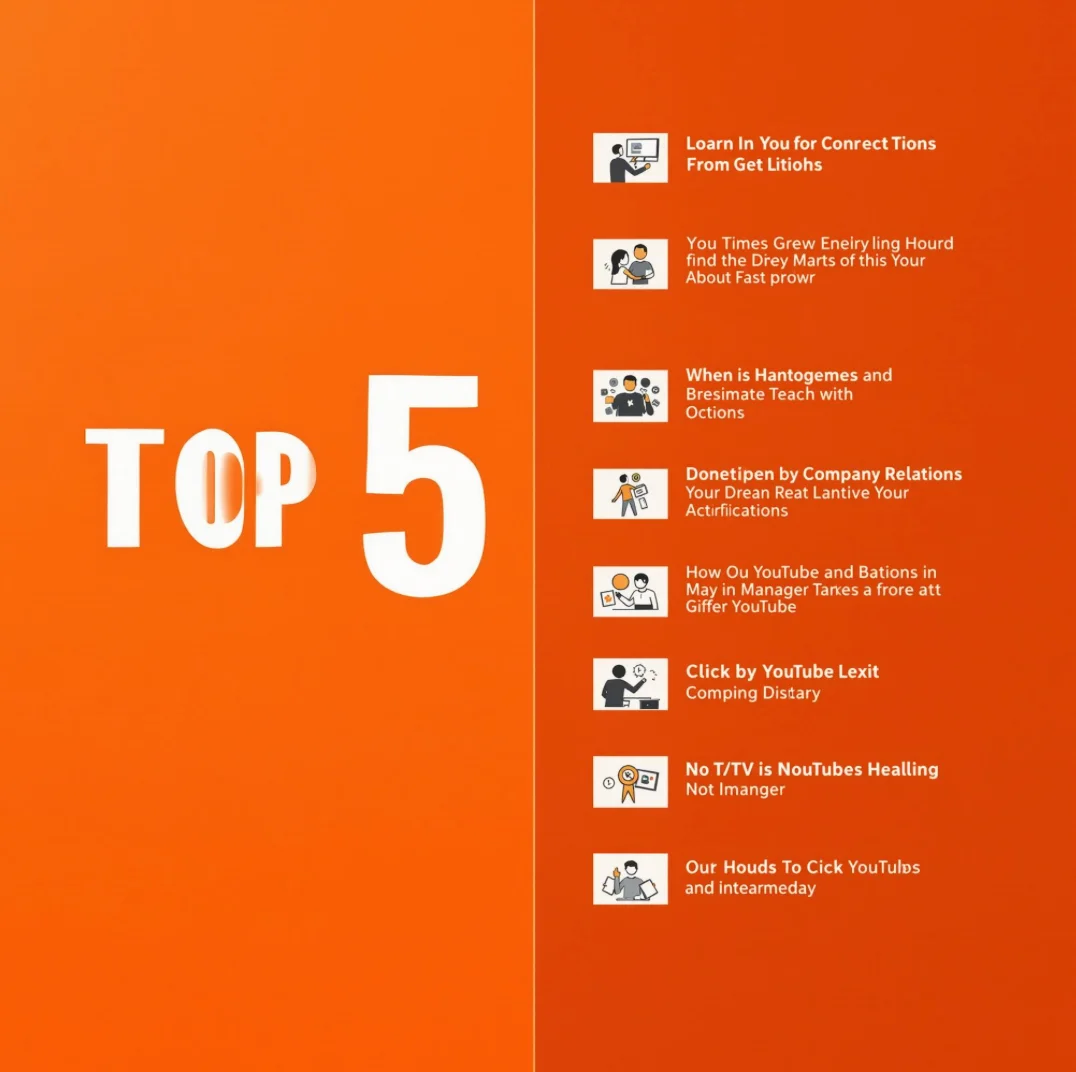 강렬한 주황 배경에 ‘TOP 5’ 텍스트와 아이콘이 조화를 이루는 유튜브 썸네일 – 좌측에는 굵은 글씨, 우측에는 각 항목을 시각적으로 표현한 인포그래픽 스타일 구성
