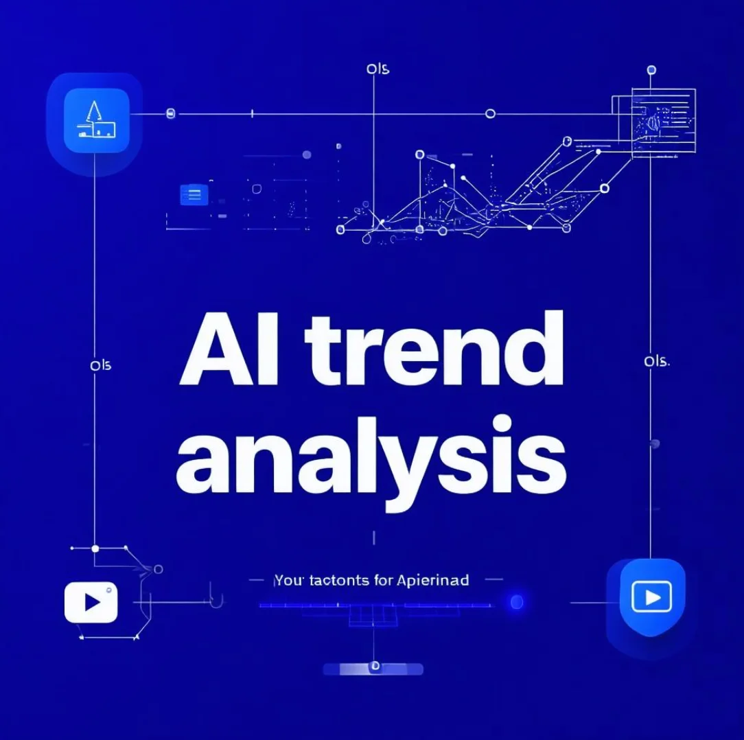 AI 트렌드 분석을 주제로 한 유튜브 썸네일 – 딥블루 배경에 현대적인 폰트와 추상적인 그래프 아이콘이 조화를 이루는 미래지향적 디자인