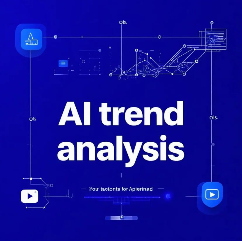 AI 트렌드 분석을 주제로 한 유튜브 썸네일 – 딥블루 배경에 현대적인 폰트와 추상적인 그래프 아이콘이 조화를 이루는 미래지향적 디자인
