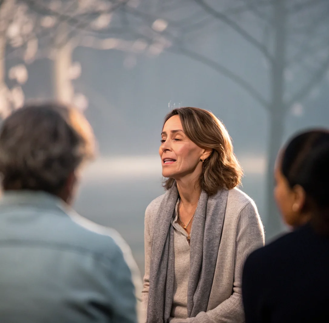 조용한 공간에서 이야기하는 한국 여성의 모습이 담긴 유튜브 썸네일 – 따뜻한 회색 톤과 부드러운 배경 흐림 처리로 인물의 감정에 집중된 차분하고 집중력 있는 화면 구성