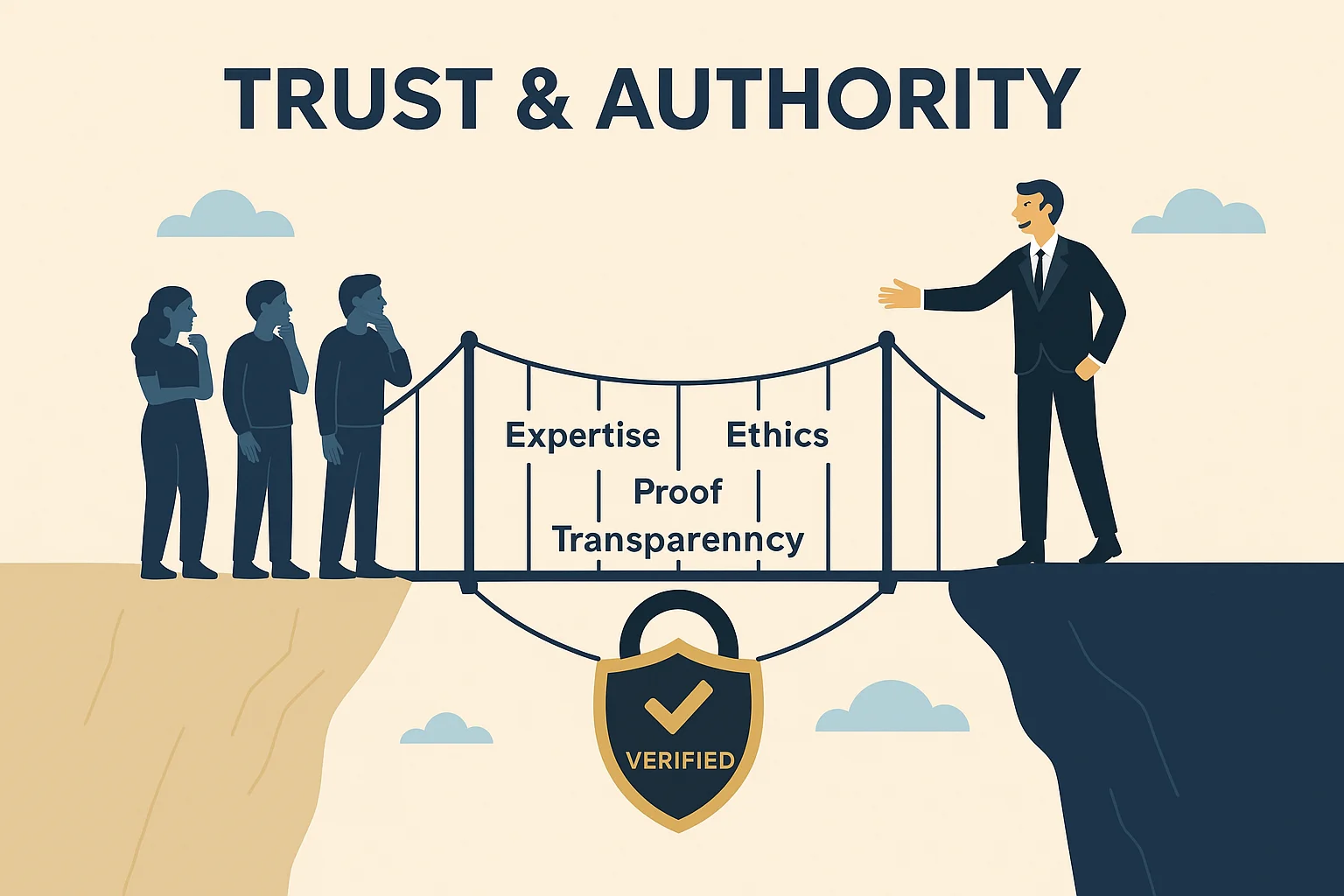 Trust and authority concept illustration with handshake and icons of security and recognition
