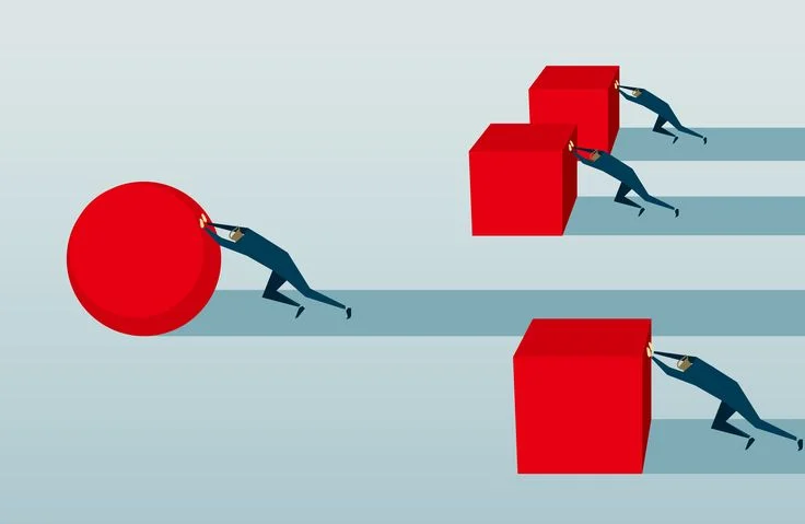 Illustration of one person efficiently pushing a red circle while others struggle to push red cubes, symbolizing working smarter versus harder