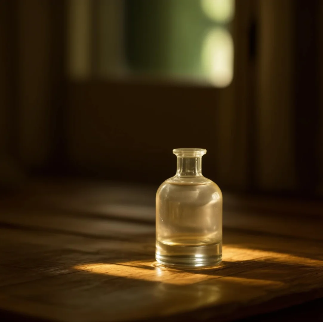 유리 디퓨저 병 제품 이미지, 원목 테이블 위, 자연광 배경