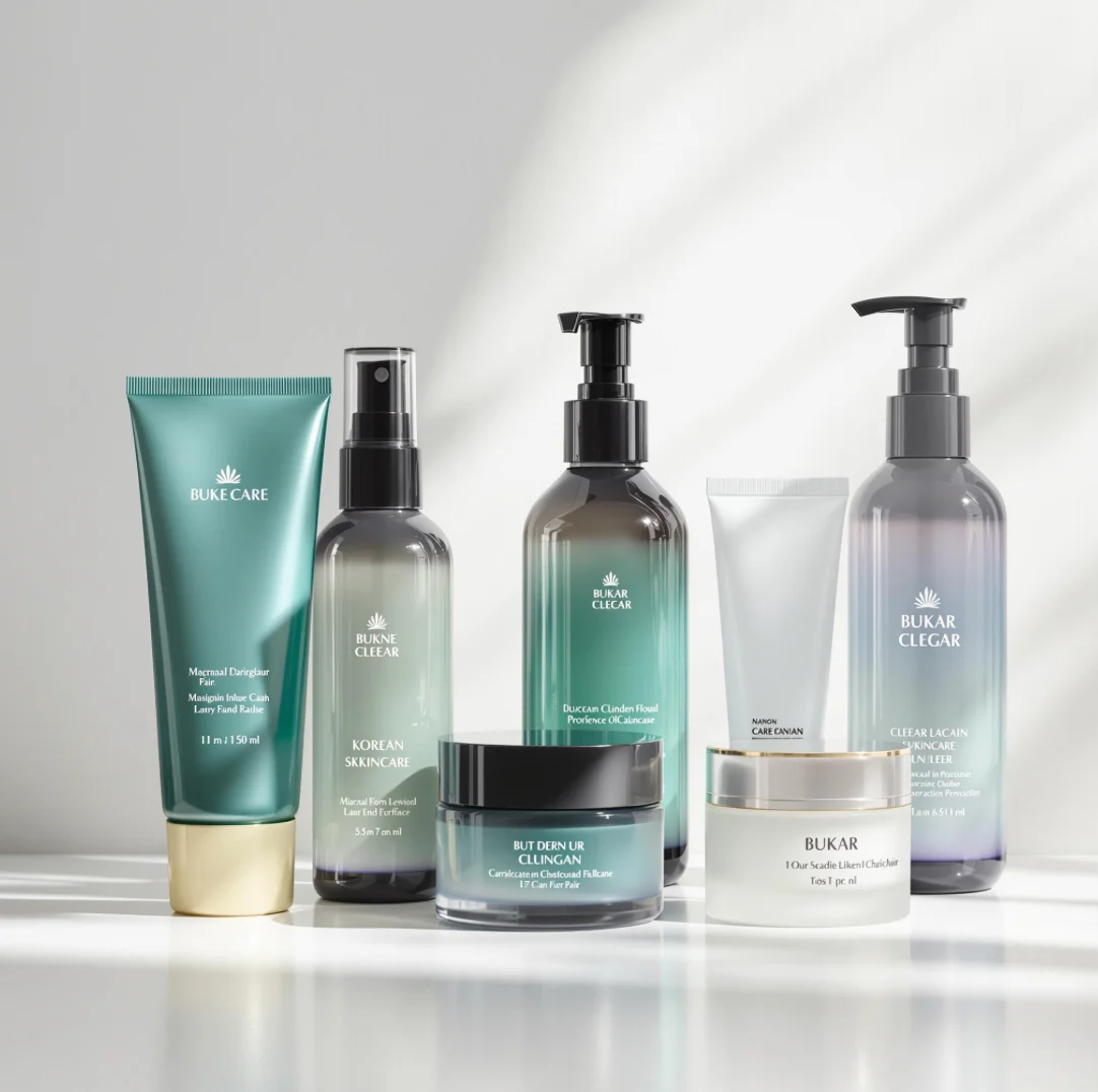 한국 스킨케어 세트, 부드러운 조명, 깔끔한 배경